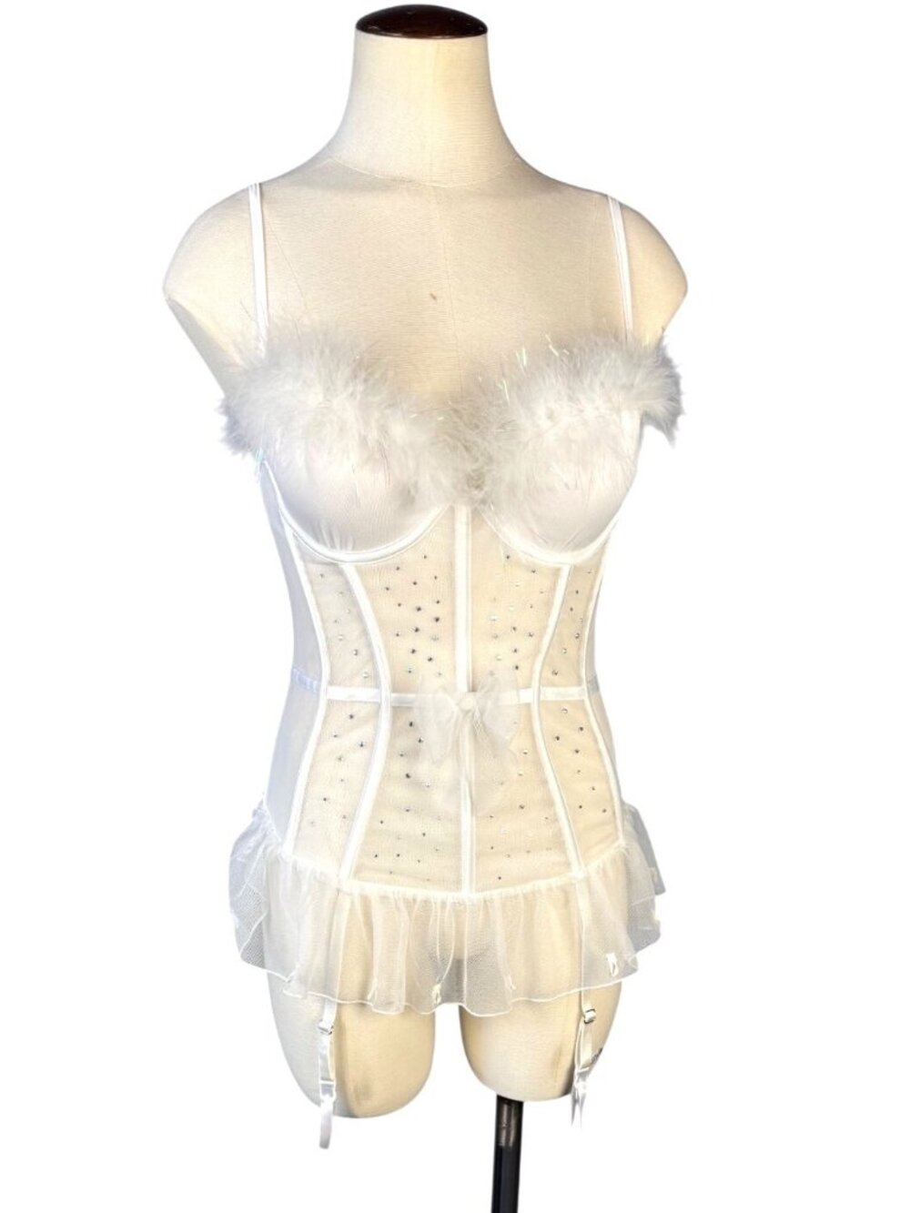 Victorias Secret White Sheer Corset With Feathers & Rhinestones Size 34B